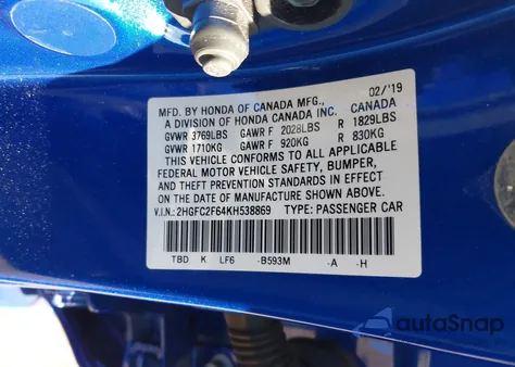 2019 Honda Civic Lx from USA, damaged, VIN 2HGFC2F64KH538869